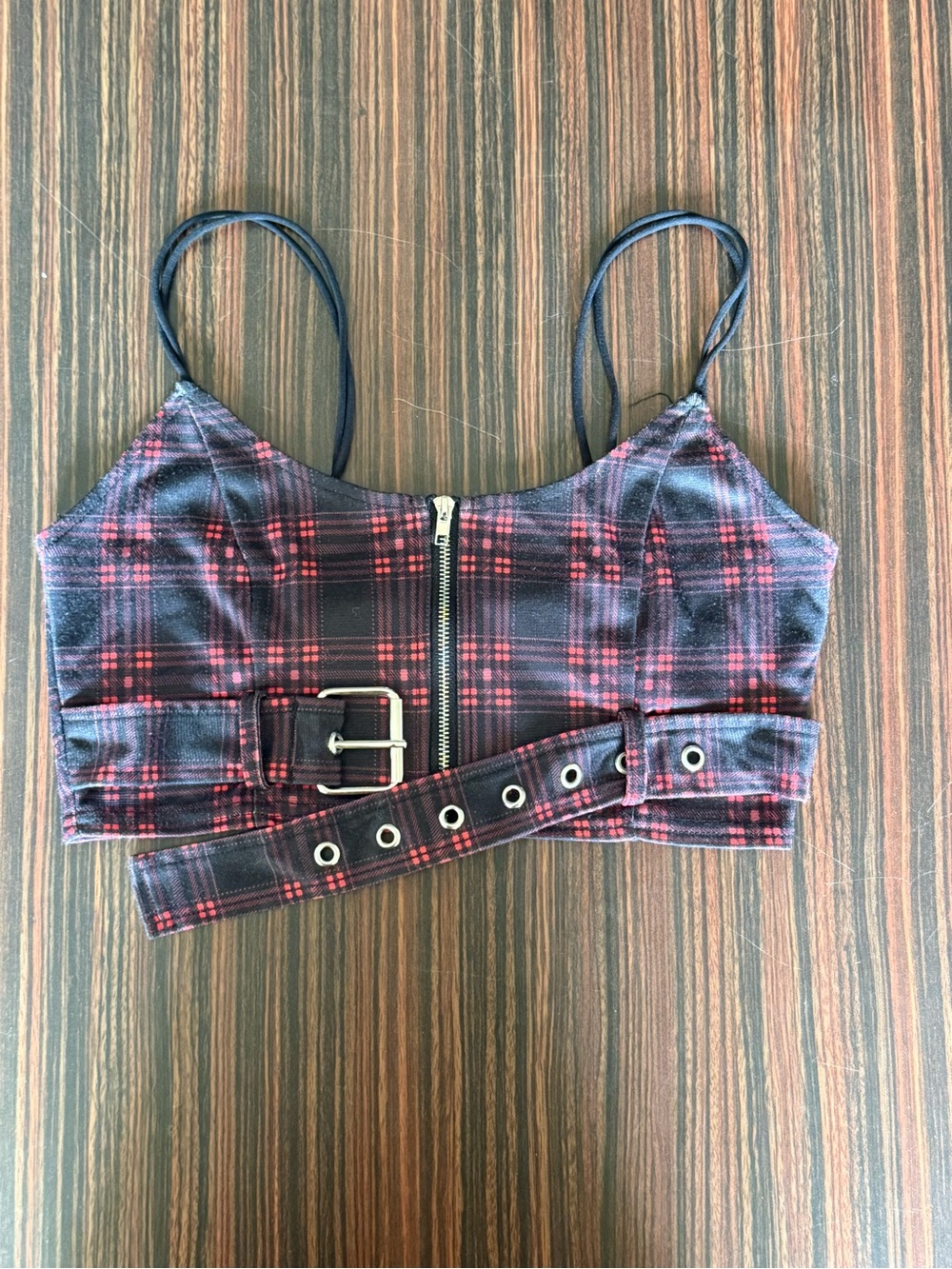Plaid Zip-Front Cropped Cami with Belted Waist - Red/Black